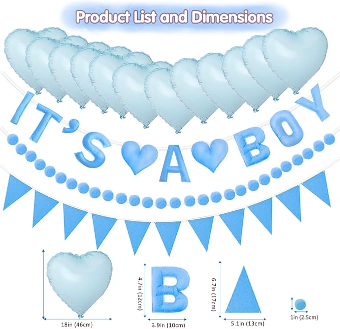 Gender Reveal Banner Set with Pre-Strung 3D it is a boy Felt Banner, Pom Pom Garland, Triangle Fabric Bunting, 12 PCS Blue Heart Shaped Balloons, Baby Shower Decorations for Boys