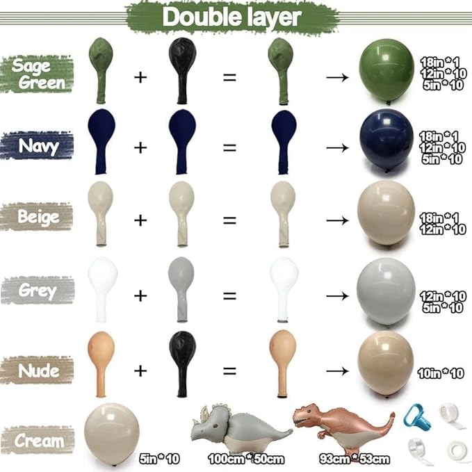 Navy Blue Green Balloon Garland Double Stuffed Sage Green Nude White Balloon Blue Tan Avocado Latex Arch Kit for Birthday Dinosaur Jungle Safari Wild Baby Shower Graduation Decorations