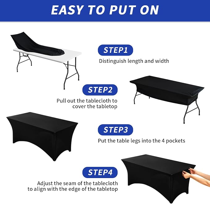 Fixwal 3 Pack Black Tablecloth Rectangle 8Ft, Stretch Spandex Fitted Table Cover for Party, Trade Show, Wedding, Buffet, Graduation, Vendor Stand