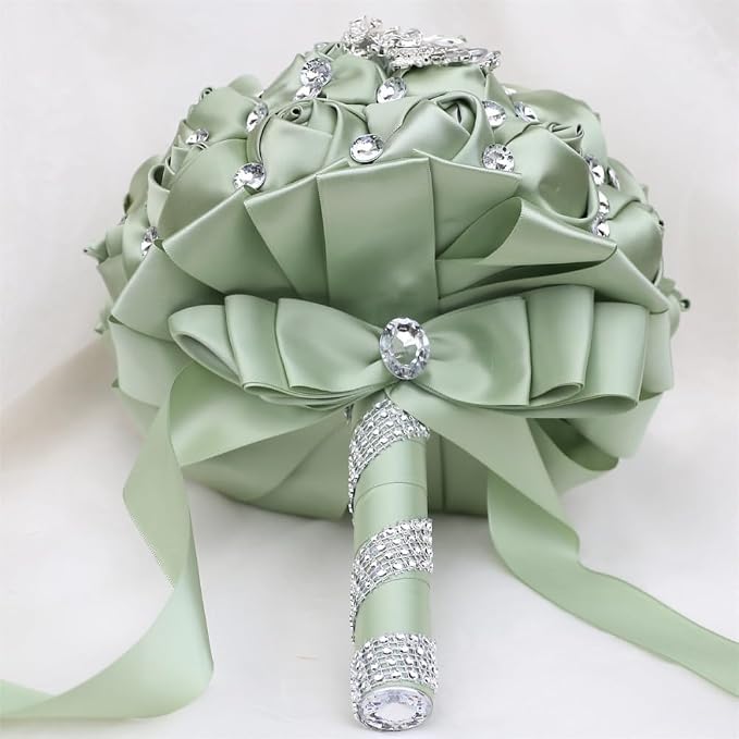 Wedding Bridal Bouquet with Silver Brooch Bling Rhinestone Satin Rose Flower Bouquet for Bride Bridesmaid Quinceanera Wedding Sage Green 8.3in