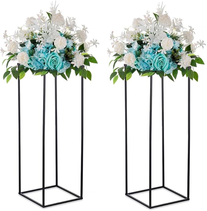 Black Tall Plant Stand: 31.5in, With Metal Panel, Packs of 2 | Columnar Cube Shape, Easy to Assembly, Flowers Cakes Drinks Display Table Centerpieces for Wedding Party Event