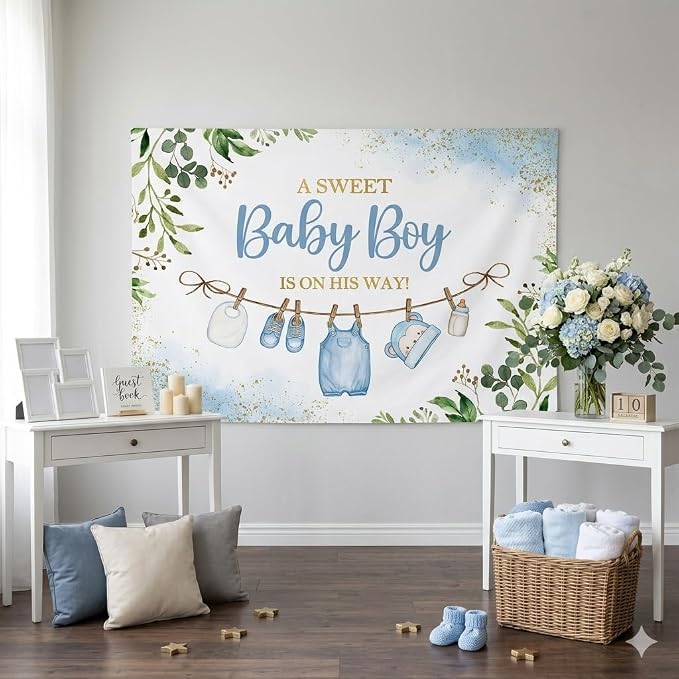 7x5ft Cute Clothes Baby Shower Backdrop for Boys a Sweet Baby Boy is on The Way Newborn Kids Blue Leaves Gold Dots Baby Shower Party Decorations Banner Supplies Photo Booth Props