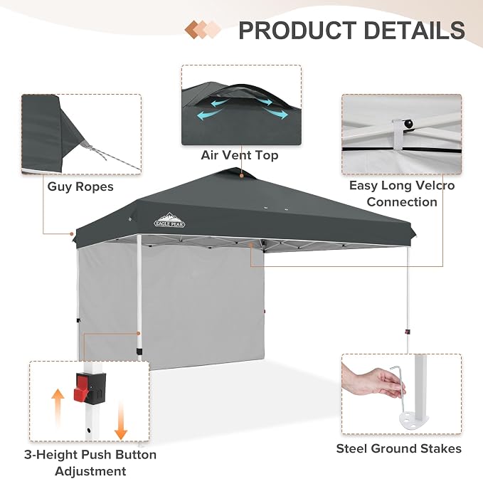 EAGLE PEAK Commercial Canopy 12x12 Pop Up Canopy Tent with 1 Sidewall, Easy Setup Heavy Duty Instant Event Shelter for Vendors & Markets, Outdoor Sun Shade, Gray