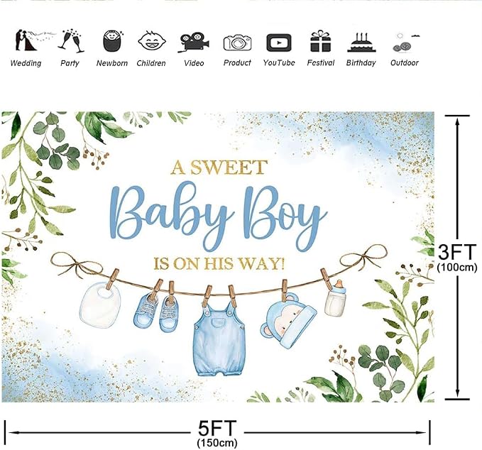 5x3ft Cute Clothes Baby Shower Backdrop for Boys a Sweet Baby Boy is on The Way Newborn Kids Blue Leaves Gold Dots Baby Shower Party Decorations Banner Supplies Photo Booth Props