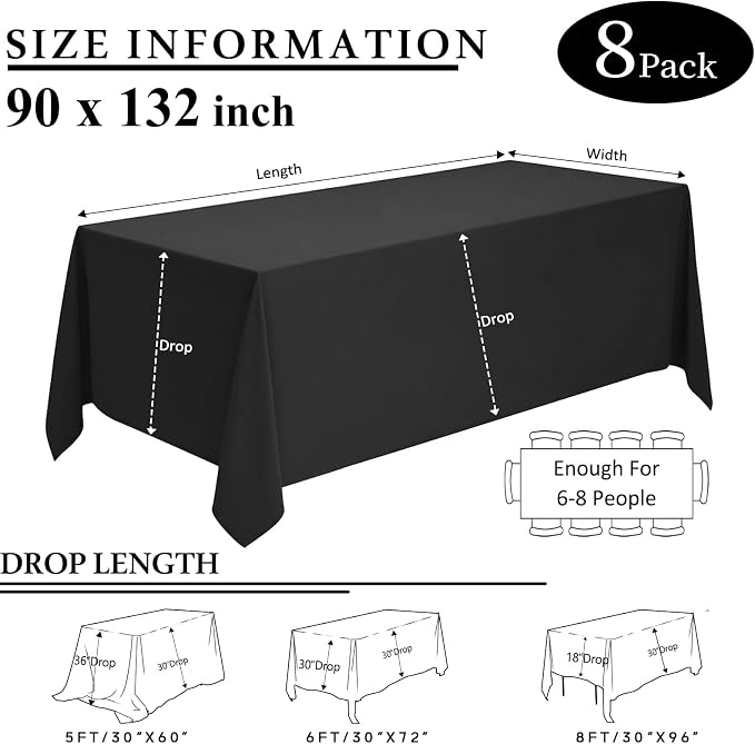 8 Packs Black Tablecloths 90x132 Inch Fabric Rectangular Table Cloths For 6 Foot Rectangle Tables, Wrinkle Resistant Polyester Tablecloth Washable Table Cloth Rectangle Table For Wedding Party Banquet