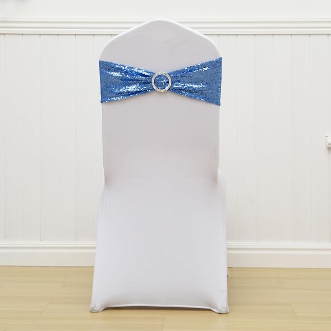 Sequins Baby Blue Chair Sashes 100 Pack Blue Chair Bands with Buckles Bows Ties for Party Wedding Birthday Ceremony Baby Shower Banquets Event Christmas Decorations