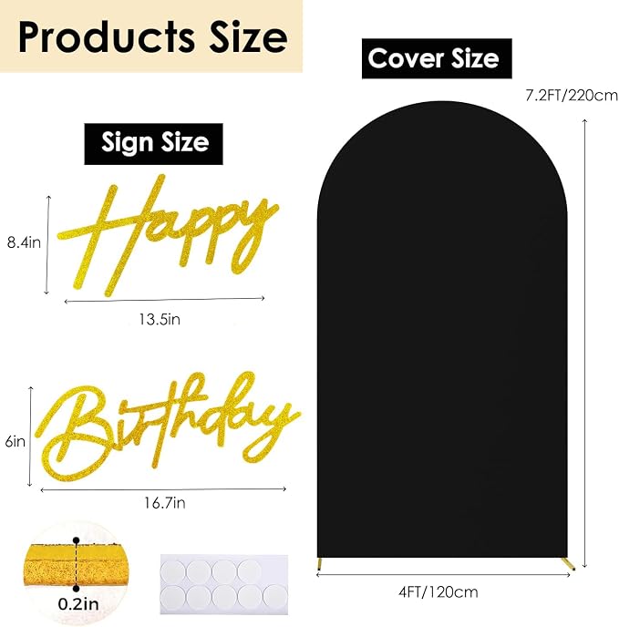 HAINARverS 7.2FT Black Arch Backdrop Cover Spandex with Glitter Gold Happy Birthday Sign for Wedding Birthday Party Ceremony Banquet Decoration(Black)