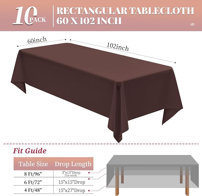 10 Pack Brown Tablecloth 60 x 102 Inch Tablecloth for 6 Foot Rectangle Tables Brown Table Cloth Washable Polyester Fabric Table Cloths for Parties Wedding Banquet