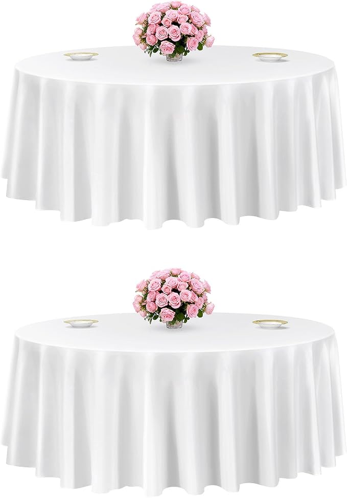 VEVOR White Round Tablecloths 2 Pack, 120 Inches in Diameter, Stain- & Wrinkle- Resistant, Machine Washable Table Clothes, Polyester Fabric Table Covers for Wedding, Party, Banquet, Formal Events