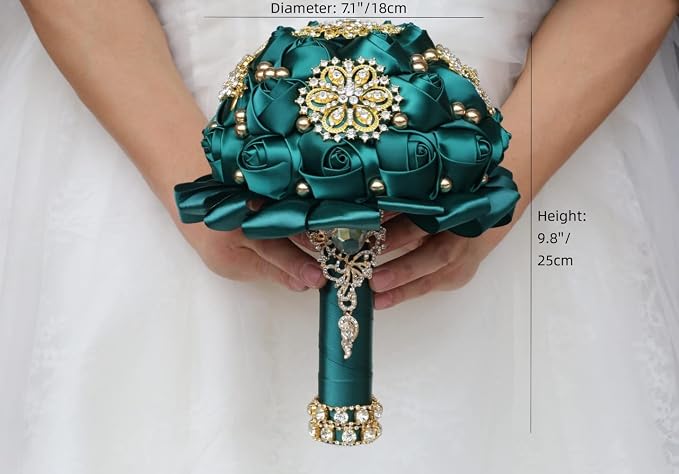 Emerald Green Bridal Wedding Bouquet Luxury Gold Rhinestone Brooch Bouquet for Bride Bridesmaid Quinceanera Satin Rose Artificial Flower Bouquet Wedding Emerald Green 7.1in