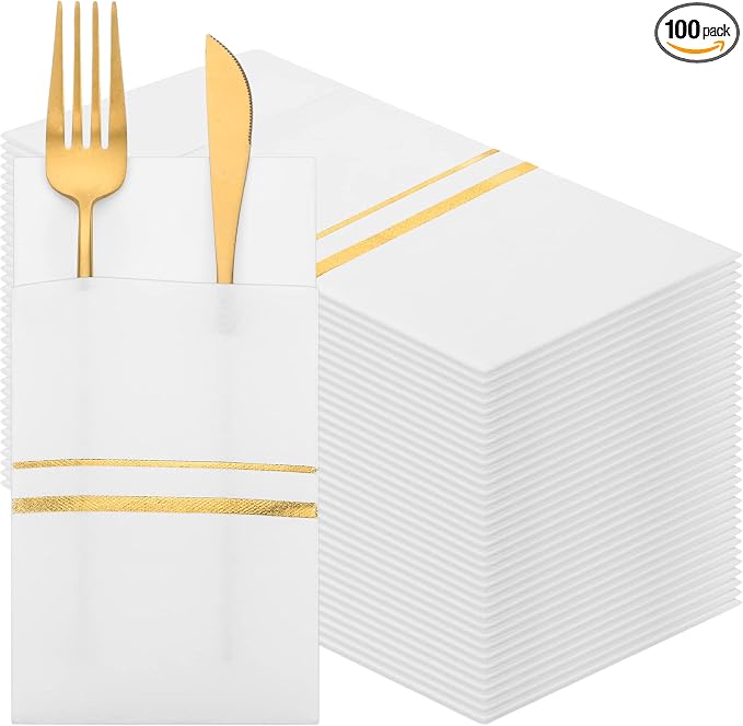 Roshtia 100 Pack Dinner Napkins Disposable Linen Feel Dinner Napkins with Built-in Flatware Pocket Gold Trim Lined Pre Folded Paper for Wedding Party (White,Gold)