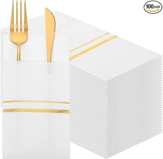 Roshtia 100 Pack Dinner Napkins Disposable Linen Feel Dinner Napkins with Built-in Flatware Pocket Gold Trim Lined Pre Folded Paper for Wedding Party (White,Gold)