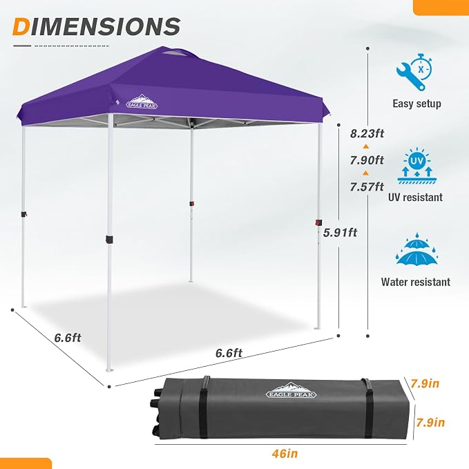 EAGLE PEAK Pop Up Canopy Tent with Wheeled Carry Bag, 8 Stakes, 4 Ropes, Easy Set Up Tent Canopy, 6.6x6.6 ft, Purple
