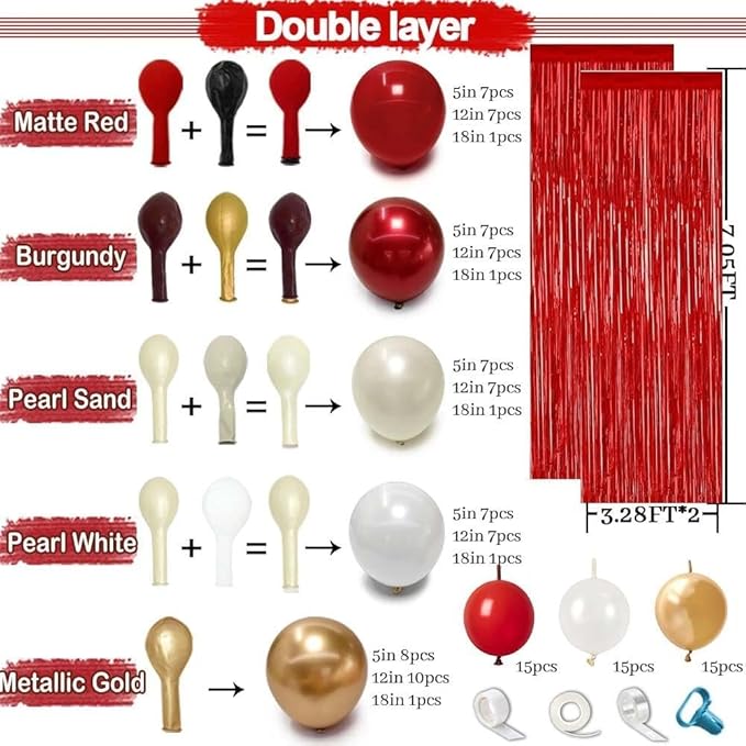 Red White Gold Balloon Arch Double Stuffed Burgundy Pearl White Sand Gold Balloon Garland Kit Red Linking Balloons Fringe Curtain for Birthday Bridal Shower Mother's Day Wedding Engagement Party Decor