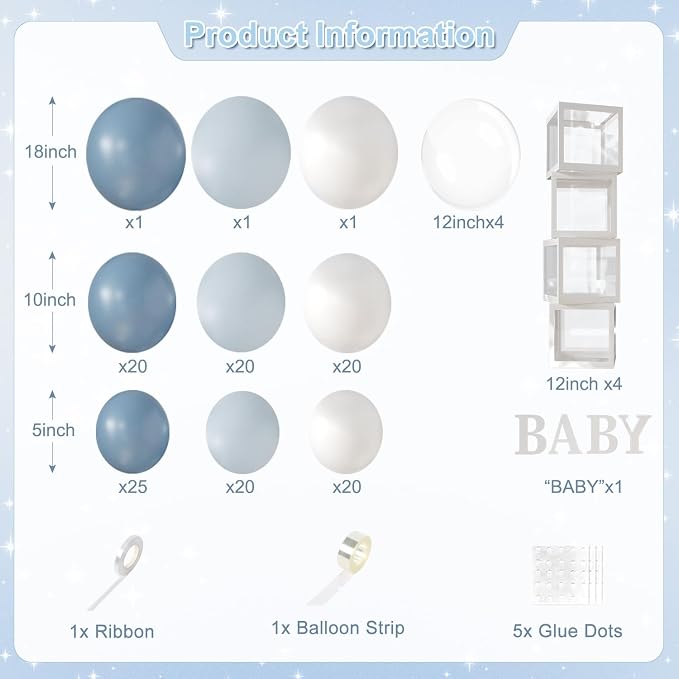 Dusty Blue Balloon Baby Shower Decorations for Boy, 140Pcs Blue Balloon Arch Garland Kit Baby Boxes with Letters for Boy Boho Baby Shower Gender Reveal Birthday Party Decorations