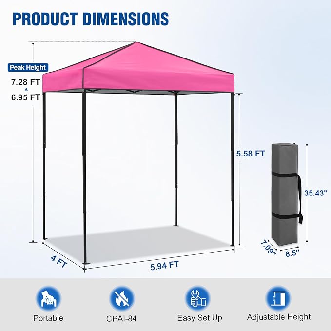 6x4 Pop Up Canopy Tent, Instant Portable Beach Canopy, Outdoor Tent with Carry Bag for Camping, Sports, Tailgating, Events, Pink