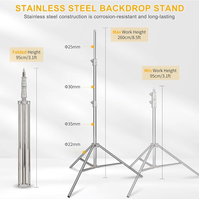 Photo Backdrop Stand 8.5 x10Ft Stainless Steel Heavy Duty Back Drop Adjustable Stand with Clamps Clips Carry Bag, Background Support System Kit, Backdrop Frame for Photography, Party, Wedding