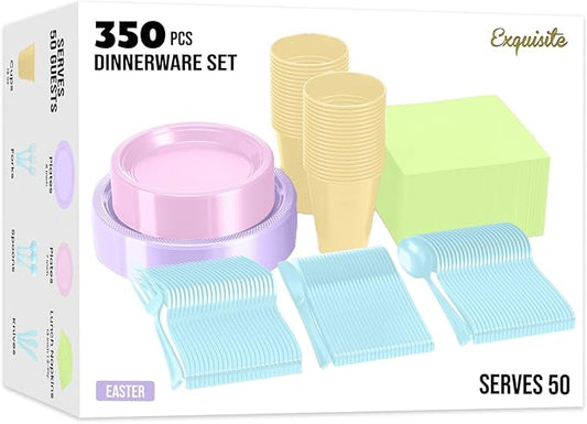Party Solids 350 Pieces Easter Plates For Party, Easter Disposable Plates Set, 50 Of Each 9" Dinner Plate Set, 7" Dessert Plate, Cups, Napkins & Cutlery Plastic Dinnerware Set