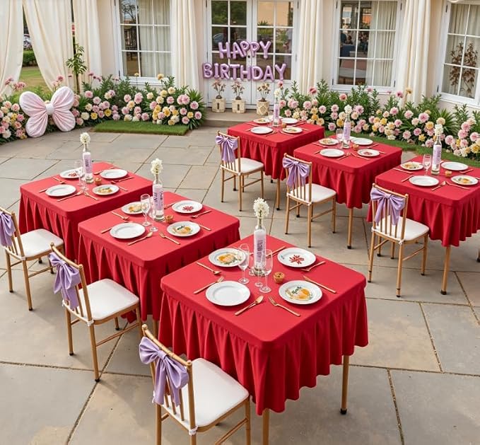 Shillance 48x48 Inch Red Spandex Square Tablecloth, Wrinkle Free Red Fitted Table Cloth for Square Tables,Washable Pleated Table Cover for Wedding Birthday Cocktail Party Buffet Dinner Camping