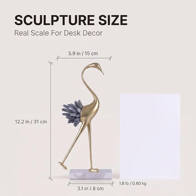 suruim Elegant Gold Crane Bird Statues with Crystal Tail Accents, Decorative Brass Figurines for Home Decor (Blue B)