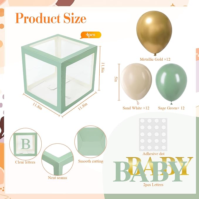 Zhanmai Baby Boxes for Bear Baby Shower Decoration with 4 Letters 36 Balloons 4 Transparent Clear Balloon Box Blocks for Boy Girl Gender Reveal Party Favors (Gold,White,Sage Green)