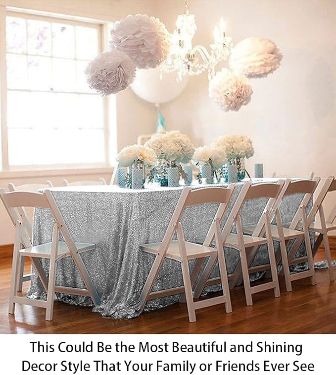 ShiDianYi Rectangular Sequin Tablecloth - Silver 90x132-Inch Fabric Overlay - Glitter Table Linen Cover for Prom, Birthday, Wedding Reception Decoration