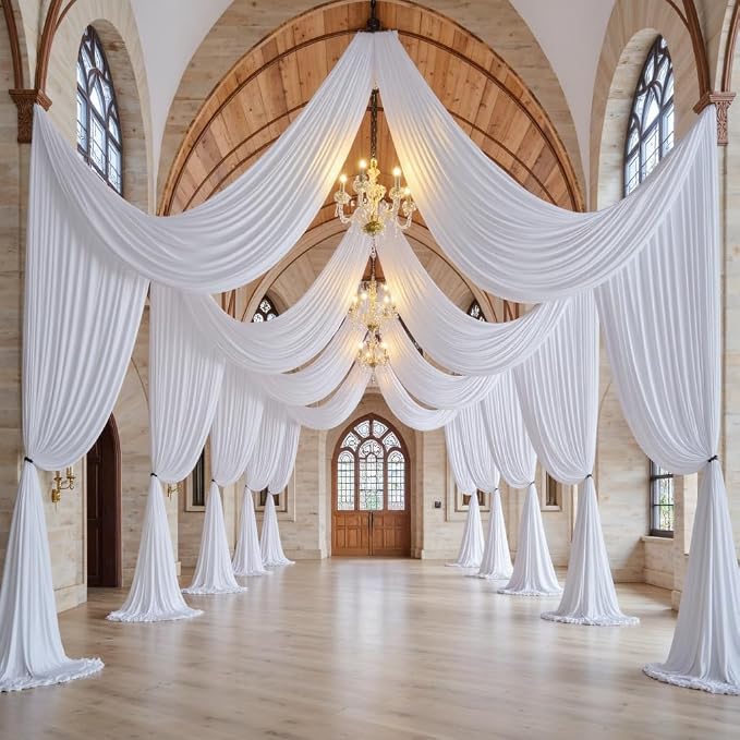 10 Panels 5x20ft White Ceiling Drapes for Weddings, Wrinkle Free Thick Polyester 20 ft Extra Long Ceiling Curtains Canopy Tent Draping Fabric Arch Drapery for Birthday Big Party Events Decor