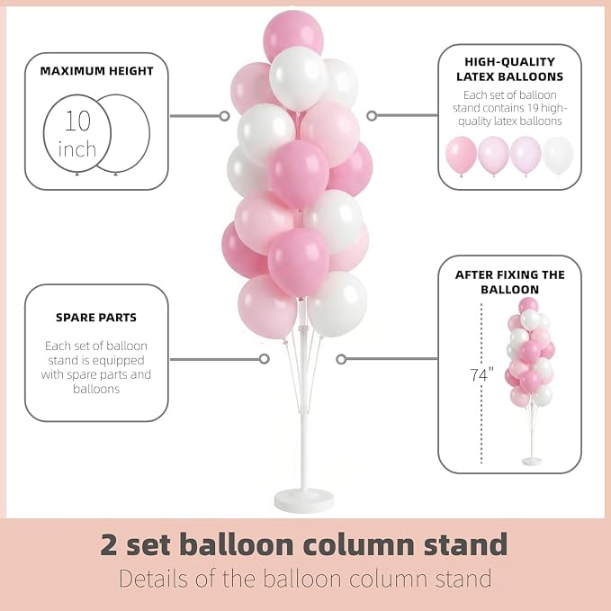 Balloon Column Kit Set of 2 With Baby Pink Chrome Balloons Included - with Base,Pole,Balloon Tower Backdrop Decoration for Wedding,Baby Shower, Birthday,Princess Party, or Bachelorette