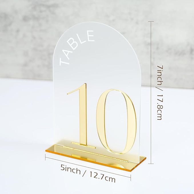 Frosted Arch Wedding Table Numbers 1-20 with Stand, 20 Pack 5x7 Inch Frosted Acrylic Signs with Gold Number, Arched Acrylic Table Numbers for Wedding Reception
