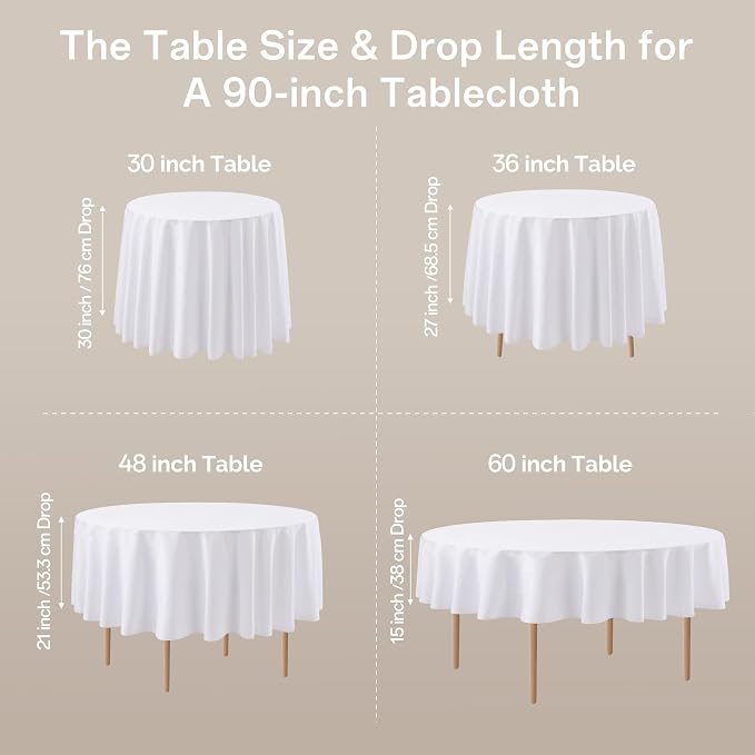 joybest 6 Pack Round Tablecloths 90 Inch White Polyester Table Cloth for 30-60 Inch Tables, Stain and Wrinkle Resistant Washable Fabric Table Cover for Wedding, Party, Reception, Banquet