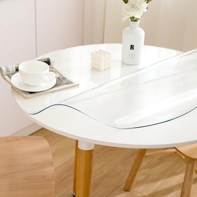 66 Inch Round Clear Table Cover Protector, Clear Round Protector for Dining Room Table, 1.5mm Thick Waterproof Round Plastic Vinyl Table Pad