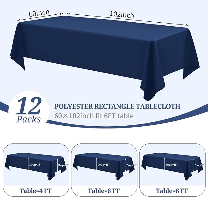 Pesonlook 12 Pack Rectangle Tablecloth-60 x 102 Inch Navy Blue Polyester Rectangular Washable Table Cover for 6 Feet Rectangle Tables for Buffet Party/Dining Table/Events