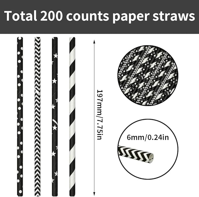 200 Black Straws, Biodegradable Black and White Paper Striped Straws for Birthdays, Coffee, Cocktail, Lemonade, DIY Decorations, Party Supplies, Weddings, New Year, Halloween, Christmas