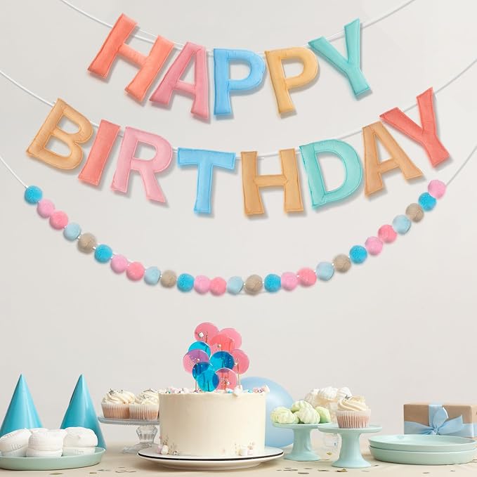 Bosctanuc 118 Inch Pre Strung Happy Birthday Banner, Felt Ball Garland Happy Birthday Garland, Macaron Birth Day Decor Party Favor, Macaron String Balls, Resuable Felt Banner