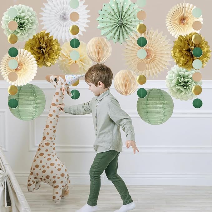 Sage Green Party Decorations Sage Green and Gold Party Decorations Paper Pom Poms Paper Fans Lanterns for Birthday Baby Shower Wedding Bridal Shower Party Decor