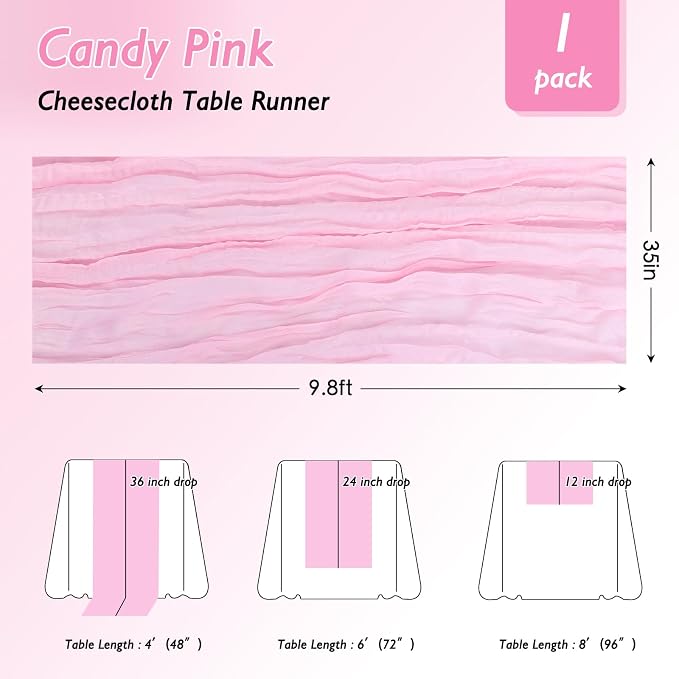 8 Pack Candy Pink Cheesecloth Table Runner 120 Inch 10FT Gauze Cheese Cloth for Baby Shower, Valentine's Day, Wedding Decoration, Birthday Party