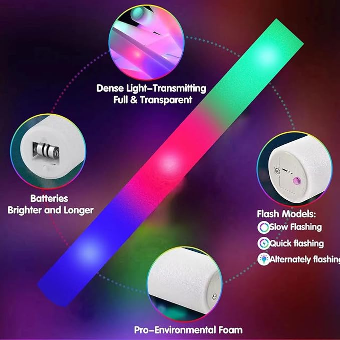 SHQDD 240PCS LED Foam Glow Sticks, Foam Light up Sticks Bulk Party Pack with 3 Modes Colorful Flashing, Glow in The Dark Party Supplies for Parties, Wedding, July 4th, Birthday,Raves,Concert,New Year
