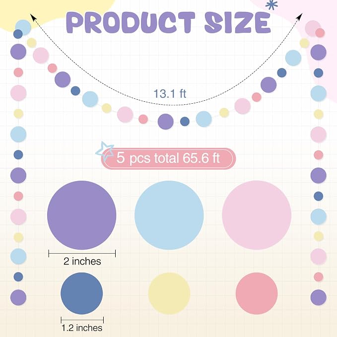 Outus 5 Pieces Colorful Circle Garland Banner Hanging Paper Dot Decorations for Classroom, Birthday Party, Baby Shower, Wedding Backdrop & Photo Booth Graduation Decor (Pastel Rainbow)