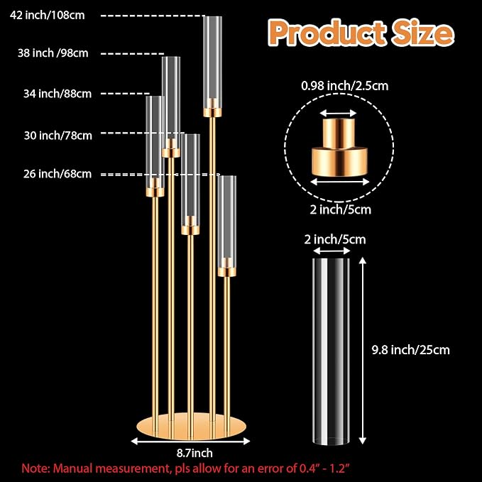 Candelabra Centerpieces for Tables,42'' Tall 5 Arms Candlesticks Holder with Lampshade,Wedding Centerpieces,Gold Candle Holders for Wedding,Home Decoration Housewarming Gift,Fit LED Candles