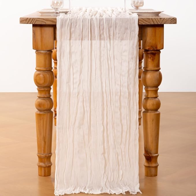 DeZerlor Ivory White Cheesecloth Table Runner 4 Pack Spring Easter Table Runners Boho Gauze 120 Inches White Cheese Cloth Table Decor for Wedding Bridal Baby Shower Parties
