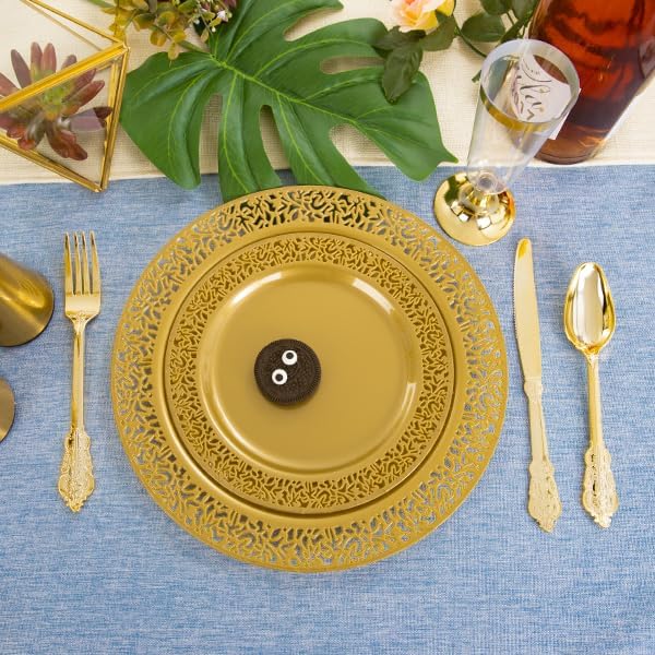 DaYammi 210Pcs Solid Gold Disposable Plates with Silverware and Cups,Gold Plastic Plates for Party Include: 30 Dinner Plate,30 Dessert Plate,30 Rolled Napkins with Cutlery,30 Cups for Party Wedding
