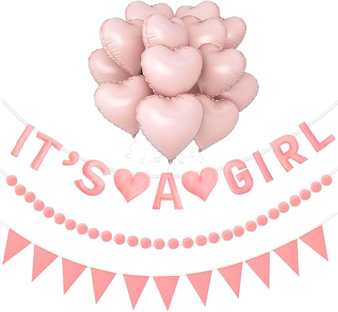 Gender Reveal Banner Set with Pre-Strung 3D it is a girl Felt Banner, Pom Pom Garland, Triangle Fabric Bunting, 12 PCS Pink Heart Shaped Balloons, Baby Shower Decorations for girls
