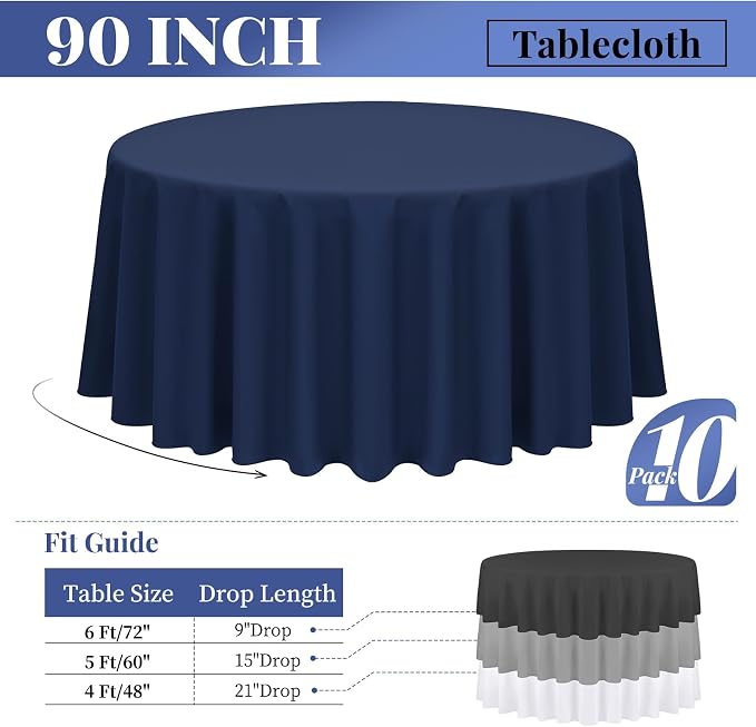 fani 10 Pack 90 Inch Round Tablecloth, Navy Blue Polyester Fabric Table Cloth for Round Table, Stain and Wrinkle Resistant Washable Table Cover for Wedding Party Dining Table Buffet and Camping