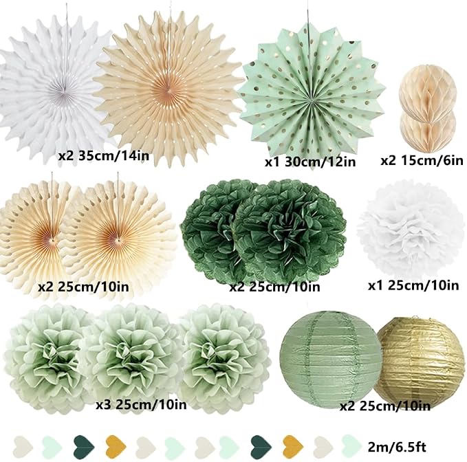 Sage Green Party Decorations Sage Green White Gold Party Decorations Paper Pom Poms Paper Fans Lanterns Sage Beige Gold Love Heart Garland for Birthday Baby Shower Wedding Bridal Shower Party Decor