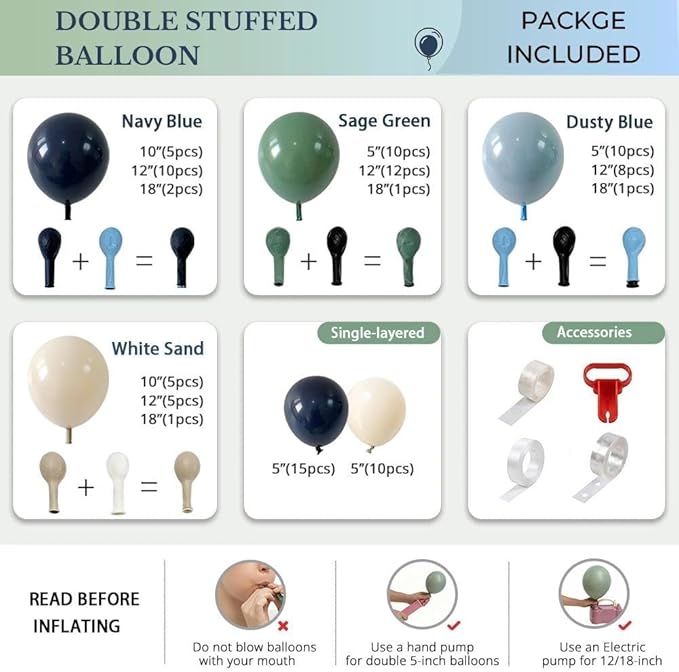 Double Stuffed Navy Blue & Sage Green Balloon Garland Arch Kit, Multi-size Matte Dusty Blue Sand Latex Balloons for Baby Shower,Gentleman Theme Party,Birthday,Bridal Wedding,Graduation