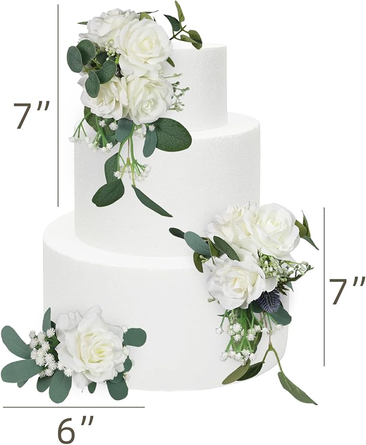 Rinlong 3Pcs Pre-made Cake Flowers White Green Cake Decorations Wedding Cake Decorating Flowers Decor Birthday Baptism Party Artificial Flowers Cake Toppers