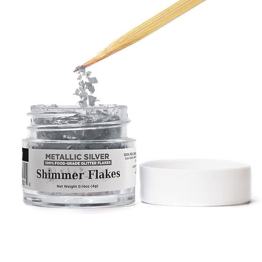 Bakell's Metallic Silver Shimmer Flakes - (4 gram 1x Jar) | Captivating Edible Glitter Flakes for All Your Culinary Delights!