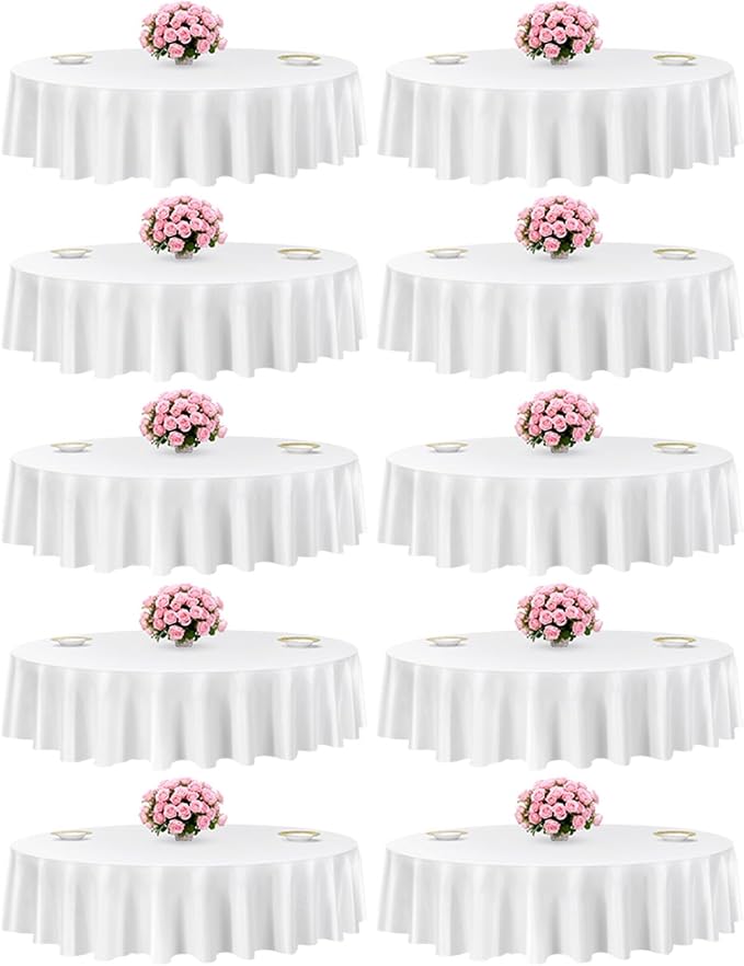 VEVOR White Round Tablecloths 10 Pack, 90 Inches in Diameter, Stain- & Wrinkle- Resistant, Machine Washable Table Clothes, Polyester Fabric Table Covers for Wedding, Party, Banquet, Formal Events