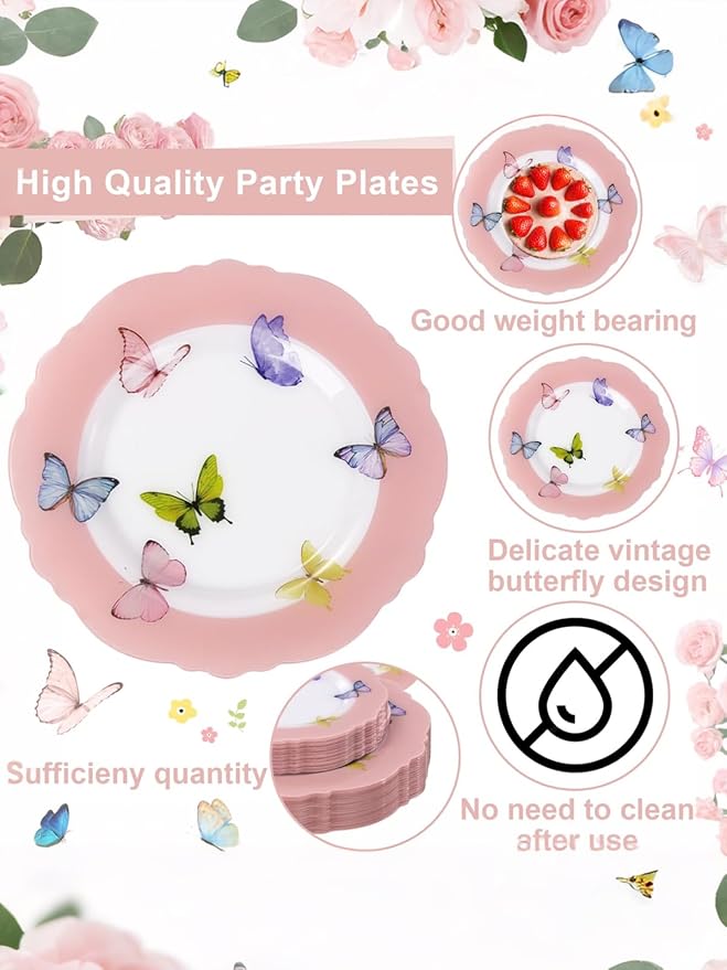 WDF 20PCS Pink Butterfly Plates - Baroque Spring Plates Disposable - Butterfly Party Decorations for Birthdays/Tea Party/Bridal Shower/Mother's Day