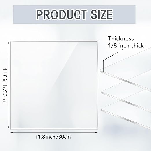 12 Pcs 12 x 12 Inch Clear Acrylic Sheet 1/8 inch Thick Transparent Square Panel Acrylic Board with Protective Paper for Engraving for Sign Photo Frame Craft DIY Display Projects